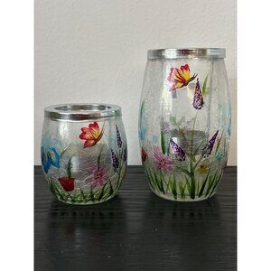 (2) Yankee Candle Crackle Glass Votive Tea Light Holders Wildflowers Butterflies